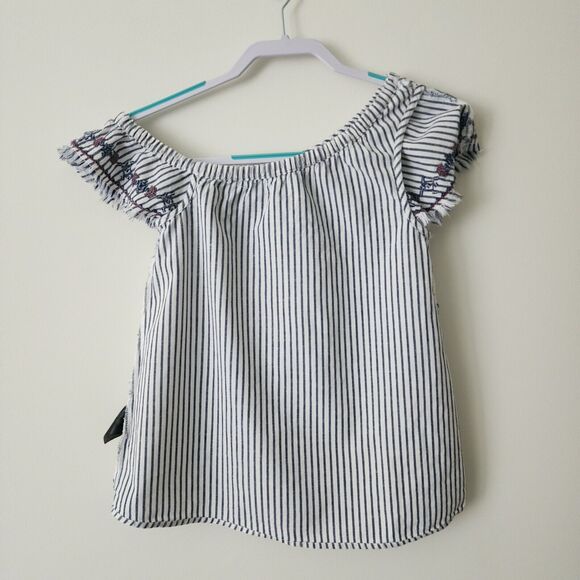 LOGG H&M One Shoulder Top Size 2 Linen Cotton White Blue Striped Embroidered - Picture 4 of 10